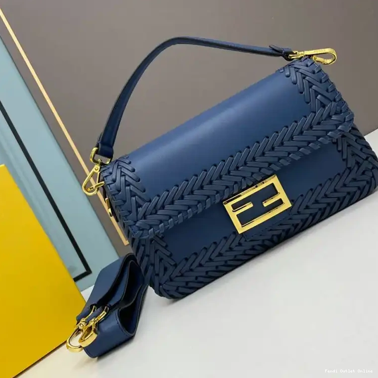 Cheap Leather Fendi Baguette Medium Bag In Blue Stitching 0529
